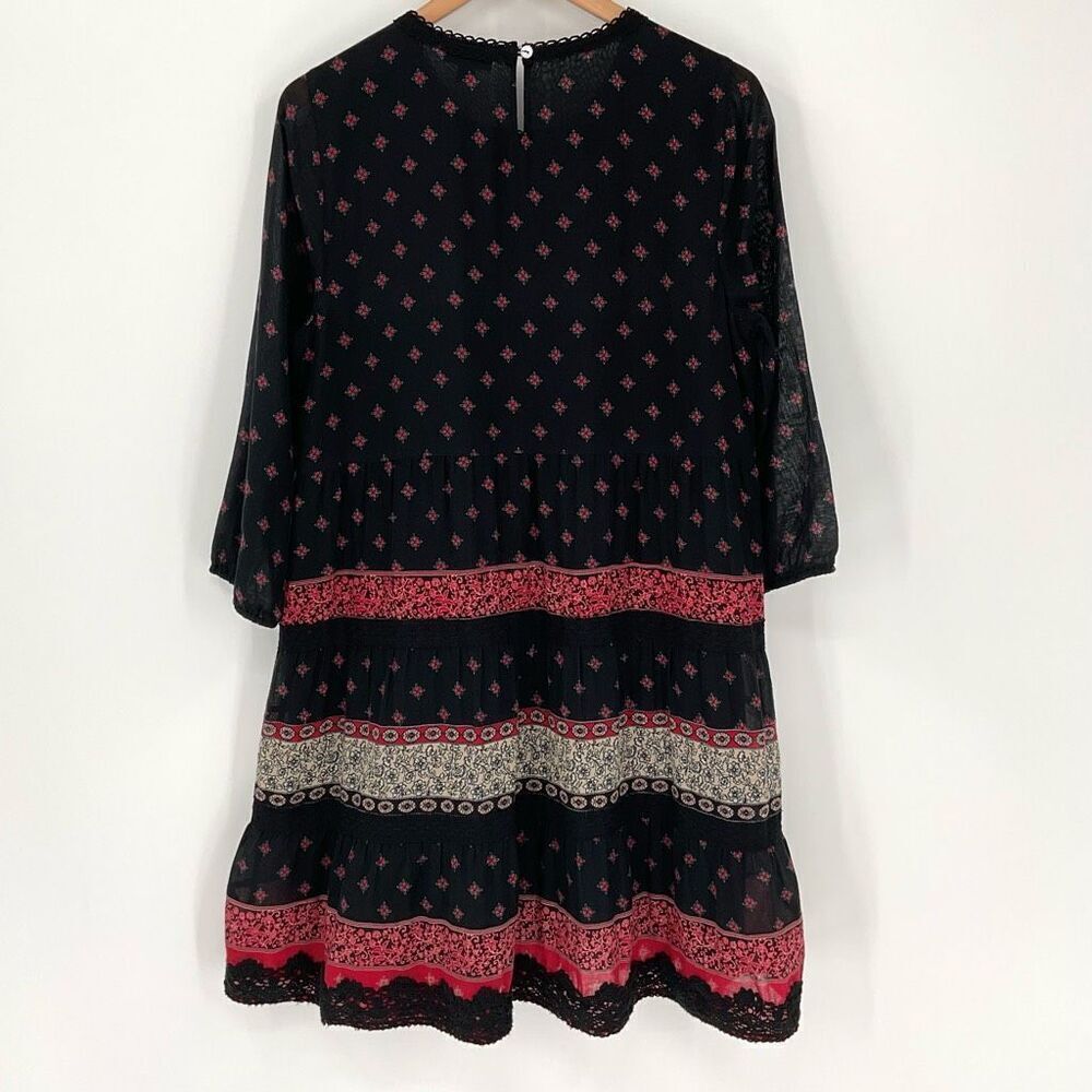 J Jill Pintucked Lace Trim Midi Dress Tiered A-Line Black Red Women Medium Boho - Picture 8 of 11